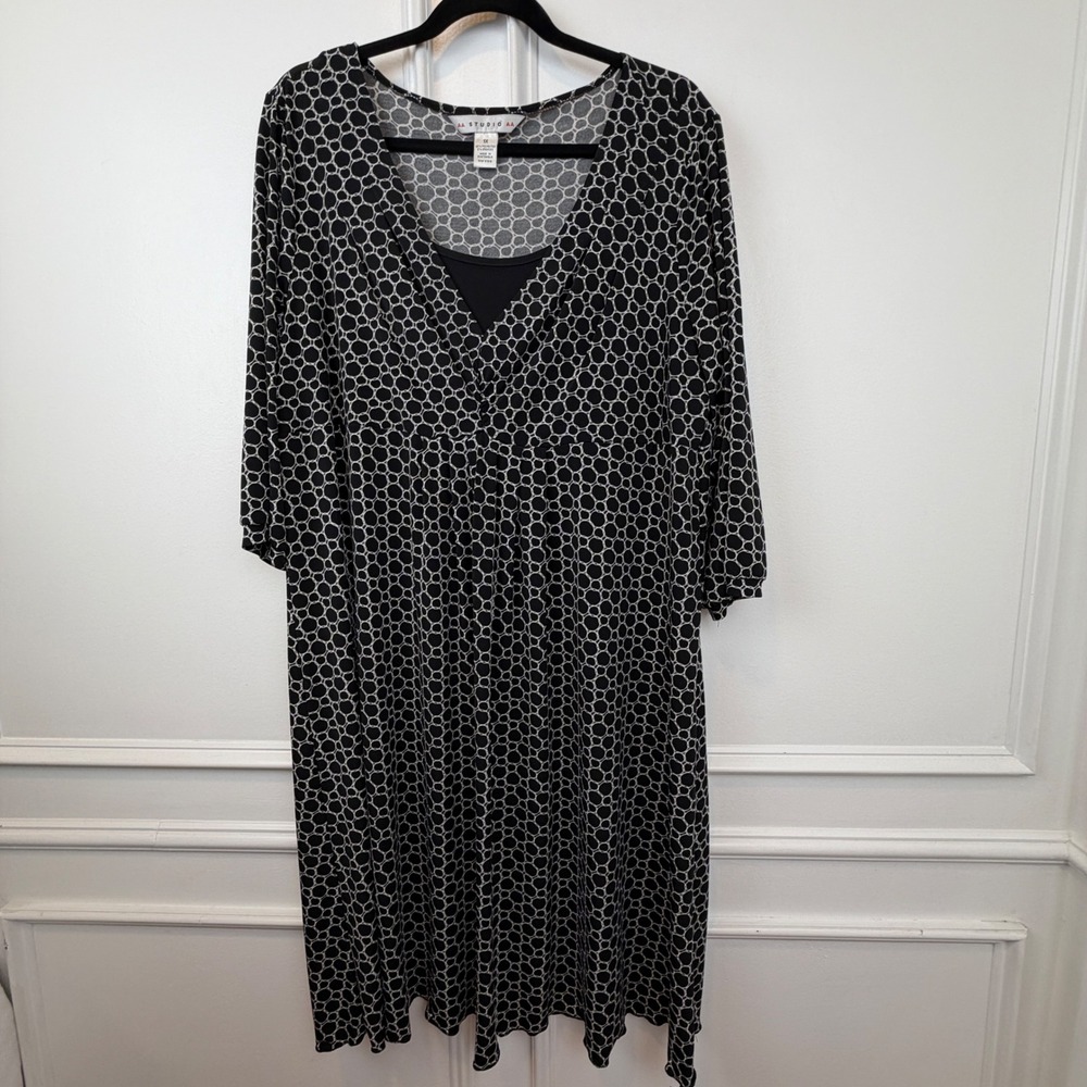 AA Studio AA Women 1X Black White Geometric Circle Print Faux Wrap Dress 3/4 Slv